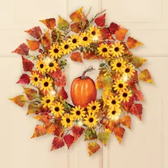 Collections Etc LED Lighted Fall Colorful Floral Pumpkin Hanging Wreath