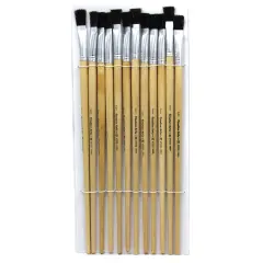 Flat Tip Easel Paint Brushes with Long Handle, 1/2", Natural Handles & Black Bristles, Pack of 12