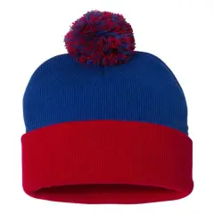 Sportsman&reg; Pom Pom Cuffed Beanie Warm Stylish & Fun Royal/ Red