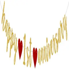 Happy 1st Anniversary Party Banner - Gold Glitter 1 Year Garland