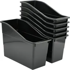 4E's Novelty 6 Pack Large Book Bin with Labels, Durable Black Book Bins for Classroom, Large Plastic Bins for Books, Sturdy Containers for Books, Versatile Classroom Textbook Boxes for Various Use