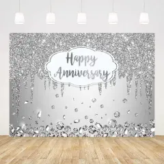 7x5ft Happy Anniversary Backdrop Silver Dripping Glitter Crystals