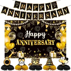 Black and Gold Anniversary Decorations - Banner, Backdrop, Honeycomb Centerpiece
