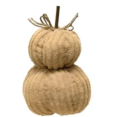 Cream Chenille Fabric Mini Pumpkin Stack with Stick Stem and Jute Bow