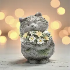 Ceramic Grey Cat with Flowers Figurine, Cat Lover Gift, Gift for Her, Gift for Mom, Home Decor
