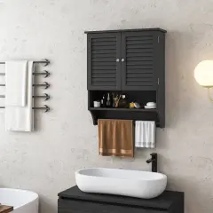 Wall-Mounted Bathroom Medicine Cabinet with Louver Doors and Towel Bar Black