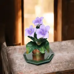 Ceramic Violet Flowers on Glass Base Figurine, Gift for Her, Gift for Mom, Home Decor