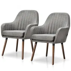 Set of 2 Retro Linen Accent Chairs with Rubber Wood Frame and Ergonomic Curved Backrest Grey