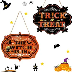 Trick or Treat & The Witch is in Hanging Sign Halloween Wreath Sign - 2 PCS