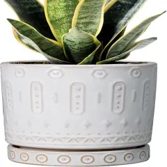 6 Inch Ceramic Planter with Drainage Holes and Saucer (White)