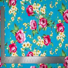 1 Yard Turquoise Techno Crepe Knit Floral Print Fabric Soft Stretch Polyester 58"-60" Width