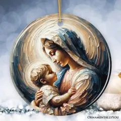 Virgin Mary and Baby Jesus Gentle Embrace Ceramic Ornament Iconic Oil Painting Gift And Decor