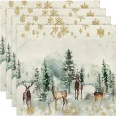 Watercolor Deer Trees Snowflakes Christmas Placemats for Dining Table(green)