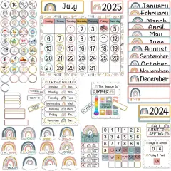 Boho Rainbow Calendar Bulletin Board Set with Seasons