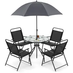 Costway 6 PCS Patio Dining Set Folding Chairs Glass Table Umbrella Garden