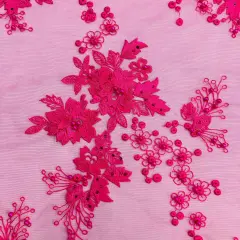 1 Yard Beaded Rhinestone 3D Floral Lace Fabric Embroidered Mesh Gown 52" Width Fuchsia