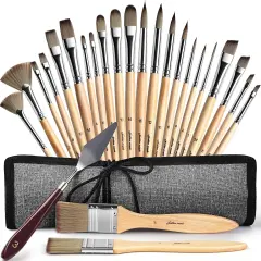 Acrylic Paint Brush Set, Golden Maple 25 PCS Paint Brushes for Acrylic Painting Oil Watercolor & Canvas,Enhanced Synthetic Brush Set with Cloth Roll and Palette Knife