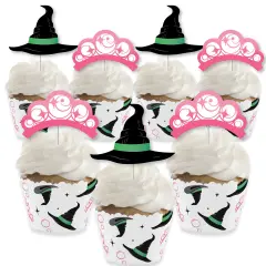 Big Dot of Happiness Witch Cupcake Decoration Kit, Good Pink and Green Birthday or Witch Halloween Party Cupcake Wrappers and Treat Picks - Set of 24