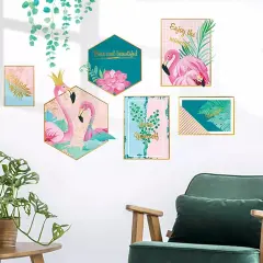 WALL STICKER Pink Green Flamingo Frame Tropical Leaves Removable PVC Living Room