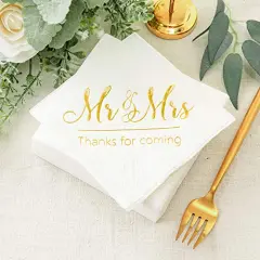 Napkins Mr and Mrs Gold Cocktail Beverage Dessert for Wedding Shower Engagement Party Decorations, Cake Table Decor Supplies. 100 Pcs, 3-Ply