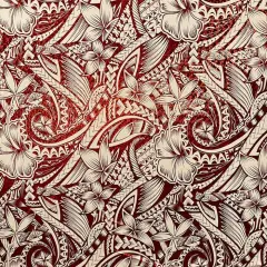 1 Yard Hibiscus Plumeria Polynesian Tattoo Polyester Foil Fabric, 36" x 60" Yard Unique Floral Shine for Apparel & Crafts Beige & Red