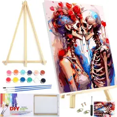 Skull Framed Paint by Numbers Kit with Wooden Easel for Adults Beginners Skeleton Acrylic Easy Paint by Number Paint by Number Kits on Canvas with Nice Gift Box 12x16in