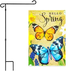 G128 Combo Pack: Garden Flag Stand Black 36x16 Inch & Garden Flag Hello Spring Butterflies Flowers 12x18 Inch