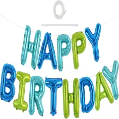 Blue Green Happy Birthday Balloons Banner 16 Inch Mylar Foil Letters Birthday Sign Bunting Reusable for Girls Boys Kids & Adults Birthday Decorations and Party Supplies