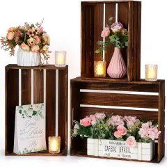 3 Pcs Decorative Wood Crates for Display, Farmhouse Wooden Basket for Storage Container and Decorations