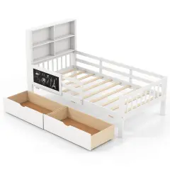 Costway Twin/Full Size Bed Frame with 2 Drawers Bookcase & Blackboard Full-length Guardrails