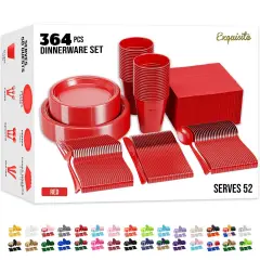 Exquisite 350 Pcs Plastic Plates for Party &ndash; Disposable Plates Set &ndash; 50 Each of 9" Dinner Plates, 7" Dessert Plates, Plastic Cups, Napkins & Plastic Cutlery &ndash; Plastic Dinnerware by Party Solids Red