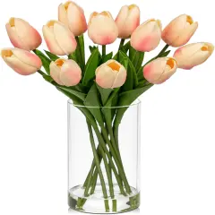 12 Pcs Artificial Real Touch Tulips Flowers in Glass Vase with Faux Water, Tulips Fake Arrangements Pink Tulips with Vase for Dining Table Home Decor Wedding Centerpieces