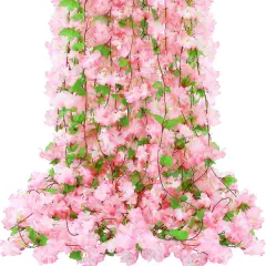 12 Pcs Artificial Cherry Blossom Flower Vines Bulk Faux Cherry Hanging Garland Pink Flower Vines Silk Pink Flowers Garland with Green Leaves for Party Decor (Totally 92.5 Feet)