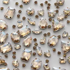 Sew on Rhinestones 100 PCS Mixed Shapes Glass Rhinestones Sew on Crystal Gems Mental Flatback with Silver Claw for Jewelry Crafts Clothes Shoes Costume Garment Champagne