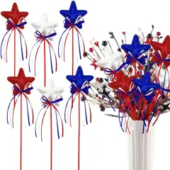 6 Pcs 4th of July Glitter Puffy Star Picks Foam Sparkly Sticks for Americana Independence Day Party Crafts Supplies Decorations, Memorial Day Patriotic Decor