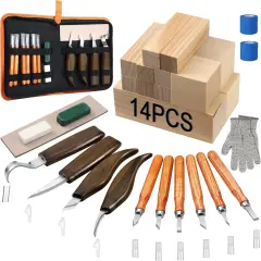 42PCS Wood Carving Kit for Beginners,14 Basswood, Wood Whittling Kits for Beginner and Kids, Wood Carving Tools with Safety Protection. 10pcs Carving Knife with 14pcs Basswood Block.