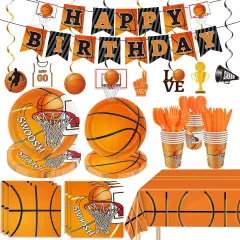 178 Pcs Basketball Theme Birthday Party Decorations Basketball Party Supplies Set Include Plates, Napkin, Cup, Fork, Knives, Spoon, Tablecloth, Banner for Kids and Adults, Serves 24 Guests