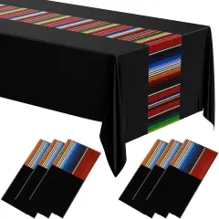 6 Pcs Fiesta Tablecloth 108 x 54 Inch Plastic Tablecover Waterproof Mexican Tablecloth Mexican Striped Table Cover for Taco Night Festive Fiesta Wedding (Black)