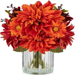 Fake Fall Flowers with Vase, Artificial Dahlia & Mum Silk Floral Arrangement with Glass Vase Faux Autumn Flowers Bouquet for Home Office Room Coffee Table Centerpiece Wedding Decoration