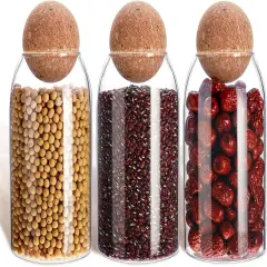 3 Pcs Glass Jar Storage Container with Ball Cork Decorative Round Organizer Bottle Sealed Canister Jar with Airtight Seal Wooden Lid for Food Coffee Bean Candy Biscuits Spice(800 ML/ 27 Oz)