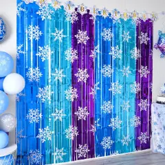 Winter Princess Birthday Party Decorations, 2 Pack Ice Birthday Party Supplies 3.3x6.6ft Tinsel Foil Fringe Curtains, Winter Photo Booth Prop Backdrop Streamer, Snowflake Birthday Party Decor