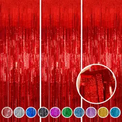Foil Fringe Curtains Party Decorations April fool's Day Decorations - Melsan 3 Pack 3.2 x 8.2 ft Red Tinsel Curtain Party Photo Backdrop for Birthday Party Baby Shower or Graduation Decorations