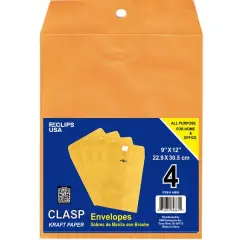 Kraft Clasp Envelopes 9x12 in, 4 Pack &ndash; 48 Units