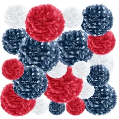 EpiqueOne 20-Piece Tissue Paper Pom Poms Party Decoration Kit - Blue, Red & White | Different Sizes - 6", 8", 10", 12" & 14" | Ideal for Birthdays, Bridal or Baby Showers, Weddings, Graduation & More