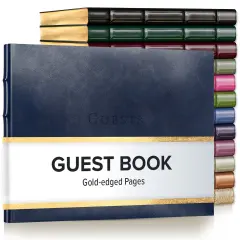Gallery Leather Guest Book Special Events, add Photos, 192 Lined Pages, Bonded Leather, Hardcover, Gold-Gilded, Guestbook Acadia Navy