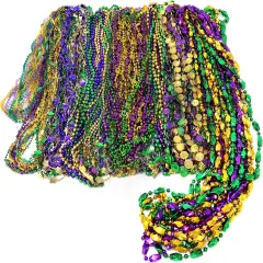 4E's Novelty Bead Assortment Mardi Gras Bulk (100 Pcs) - Metallic Purple, Gold, Green Necklaces, Unique Designs, Party Favors