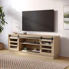 Stead Modern Farmhouse TV Stand, Media Console with Sliding Glass Doors, 58&rdquo; Entertainment Center with Storage, Barn Door TV Stand for Living Room and Bedrooms, Supports 32 to 65" TVs (Light Oak)