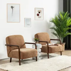 Mid-Century Modern Brown Fabric Thick Armchair with Walnut Rubberwood Frame