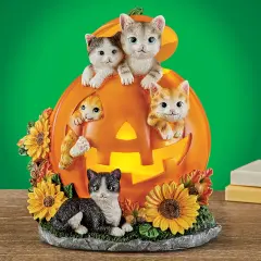 Collections Etc Hand-Painted LED Lighted Pumpkin Cats Tabletop Decoration