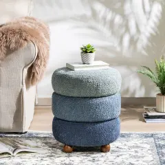 Modern Gradient Upholstered Storage Ottoman or Accent Stool with Rubberwood Ball Feet Blue